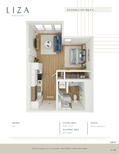 Liza Apartment 3D floor plan - studio 474 sqft